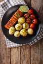 Grilled salmon and boiled new potatoes close-up on a plate. vert Royalty Free Stock Photo