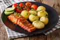 grilled salmon and boiled new potatoes, fresh tomatoes close-up. horizontal Royalty Free Stock Photo