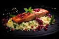 Grilled Salmon on Couscous With Pomegranate, A Healthy and Flavorful Dish, Grilled salmon served with couscous and cranberry on a