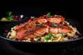 grilled salmon with couscous and pomegranate seeds, Grilled salmon with couscous and cranberry on black background, AI Generated