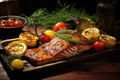 Grilled salmon dish, herbs, lemon, fried tomatoes on a wooden table