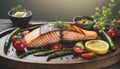 Grilled salmon filet steak with grilled vegetables. Healthy food, high protein and omega 3 Royalty Free Stock Photo