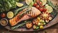 Grilled salmon filet steak with grilled vegetables. Healthy food, high protein and omega 3 Royalty Free Stock Photo