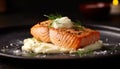 Grilled salmon fillet with asparagus, salad, and prepared potato generated by AI Royalty Free Stock Photo