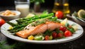 Grilled salmon fillet with asparagus, tomato, and salad generated by AI