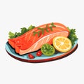 Grilled salmon fillet fish. Cooked tuna steak. Cartoon vector seafood illustration