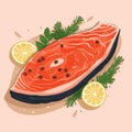 Grilled salmon fillet fish. Cooked tuna steak. Cartoon vector seafood illustration
