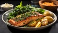 Grilled salmon fillet with fresh salad, baked potato, and asparagus generated by AI Royalty Free Stock Photo