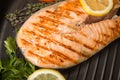 Grilled salmon fillet on frying pan. Steak of salmon