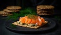 Grilled salmon fillet on a gourmet plate with avocado stack generated by AI