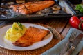 Grilled salmon fillet with potatoes Royalty Free Stock Photo