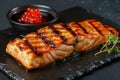 Grilled Salmon Fillet with Red Caviar Garnish on a Slate Plate Gourmet Seafood Dish with Elegant Presentation