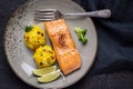Grilled Salmon Fillet with Saffron Risotto Royalty Free Stock Photo