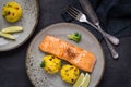 Grilled Salmon Fillet with Saffron Risotto Royalty Free Stock Photo