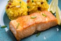Grilled Salmon Fillet with Saffron Risotto Royalty Free Stock Photo