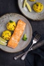 Grilled Salmon Fillet with Saffron Risotto Royalty Free Stock Photo