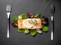 Grilled salmon fillet with salad on black slate plate Royalty Free Stock Photo