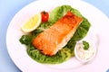 Grilled salmon fillet with salad, tomato and sauce