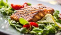 Grilled salmon fillet with salad tomatoes and sesame Royalty Free Stock Photo