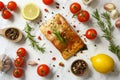 Grilled salmon fillet with spices and fresh herbs. Top view of healthy seafood dish surrounded by cherry tomatoes Royalty Free Stock Photo