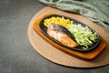 Grilled salmon fillet steak on hot plate Royalty Free Stock Photo