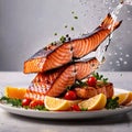 Grilled salmon fillet steak, seafood dish with salad