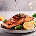 Grilled salmon fillet steak, seafood dish with salad