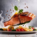 Grilled salmon fillet steak, seafood dish with salad