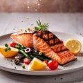 Grilled salmon fillet steak, seafood dish with salad