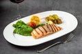 Grilled salmon fillet with vegetables mix. dark background Royalty Free Stock Photo