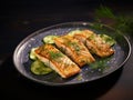Grilled salmon fillets with buttered zucchini slices on dark background