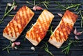 Grilled salmon fillets with fresh herbs and garlic on a grill plate Royalty Free Stock Photo