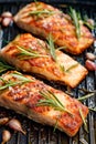 Grilled salmon fillets sprinkled with fresh herbs and garlic on a grill plate Royalty Free Stock Photo