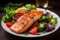 Grilled salmon fish fillet with fresh vegetable salad. Generate ai Royalty Free Stock Photo