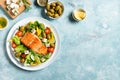 Grilled salmon fish fillet and greek salad Royalty Free Stock Photo