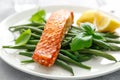 Grilled salmon fish fillet and green beans with lemon and basil Royalty Free Stock Photo