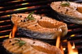 Grilled salmon fish on the flaming grill Royalty Free Stock Photo