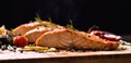 Grilled salmon fish and various vegetables Royalty Free Stock Photo