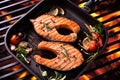 Grilled salmon fish with various vegetables Royalty Free Stock Photo