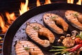 Grilled salmon fish with various vegetables on pan Royalty Free Stock Photo