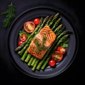 Grilled salmon garnished with asparagus and tomatoes