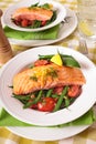 Grilled salmon with green beans and tomatoes Royalty Free Stock Photo