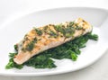 grilled salmon with herbs on fried spinach