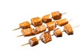 Grilled salmon kebab skewers. Isolated on white background Royalty Free Stock Photo