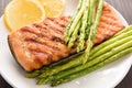 Grilled salmon with lemon, asparagus on the wooden background Royalty Free Stock Photo