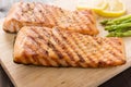 Grilled salmon and lemon, asparagus, on the wooden table Royalty Free Stock Photo