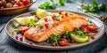 Grilled salmon with lemon, lime, and fresh herbs on a rustic plate. Generative AI Royalty Free Stock Photo