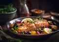 Grilled salmon with lemon, olives and fresh rosemary is a healthy and tasty dish. Royalty Free Stock Photo