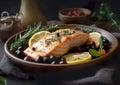 Grilled salmon with lemon, olives and fresh rosemary is a healthy and tasty dish. Royalty Free Stock Photo