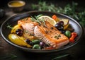 Grilled salmon with lemon, olives and fresh rosemary is a healthy and tasty dish. Royalty Free Stock Photo